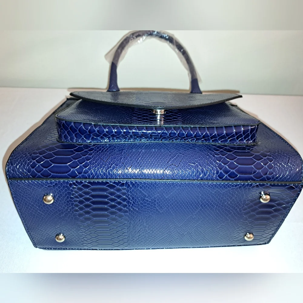 Navy Blue Faux Snake Embossed Tote, Gold Hardware, Shoulder Strap Included, NEW! - Picture 3 of 14